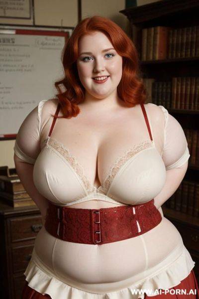 Close up full body photo shot, about at classroom, chubby very ((very obese)) redhead fat bbw curvy teacher, wearing a sexy and hot micro red ruffle skirt, and elegant top, teaching to the classroom. - ai-porn.ai on pornintellect.com