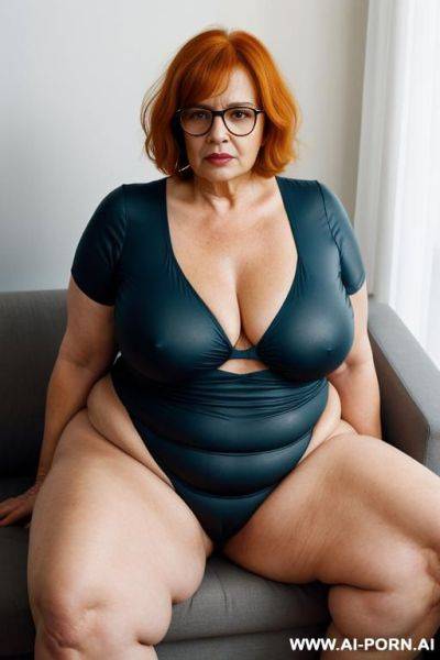 Old grandma bbw, fat lady, no shirt, no pant, not covering them, very huge hips, very humongous chest, wearing really tight clothes that go against the body, basically wearing nog, naked - ai-porn.ai on pornintellect.com