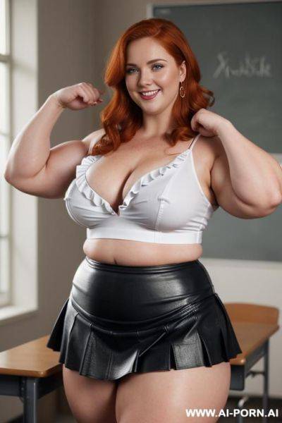 Close up full body photo shot, stunningly beautiful, about at classroom, chubby very ((very obese)) redhead fat bbw curvy teacher, (((wearing a sexy and hot micro ruffle leather skirt, and - ai-porn.ai on pornintellect.com