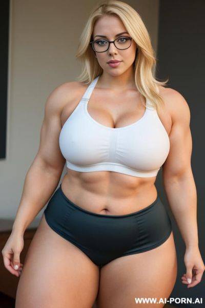 Blonde beautiful woman, (thick rimmed glasses) (sports bra), massive thighs, gigantic thighs, obese thighs, muscled bulked up thighs, huge thighs - ai-porn.ai on pornintellect.com