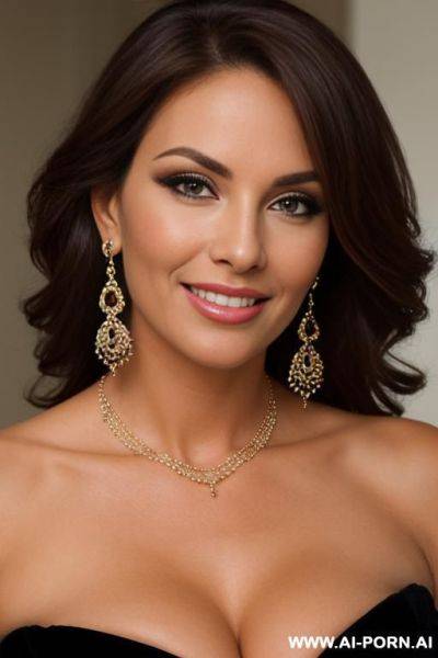 Gorgeous american milf, beautiful face, seductive smile, alluring eyes, full makeup, earrings, necklace, close up focus on face - ai-porn.ai - Usa on pornintellect.com