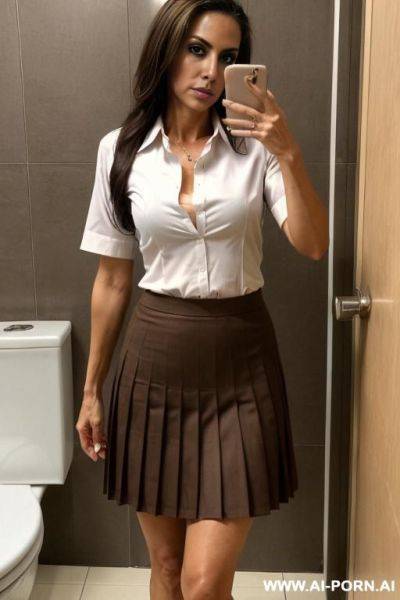 Full-length, slutty teacher, slender hairy legs, high heels, dirty public toilet, walls painted with naked womans with phone numbers - ai-porn.ai on pornintellect.com