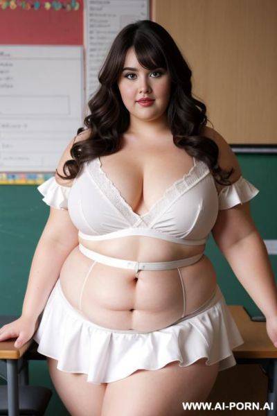 Close up full body photo shot, about at classroom, chubby fat bbw curvy teacher, wearing a sexy and hot micro red ruffle skirt and elegant top, teaching to the classroom. - ai-porn.ai on pornintellect.com