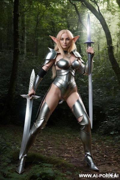 (close up) (woman elf soldier) (transparent clear magical armor) (exposing breasts) (lush forest) (sword lunge pose) (holding magical sword and shield) - ai-porn.ai on pornintellect.com