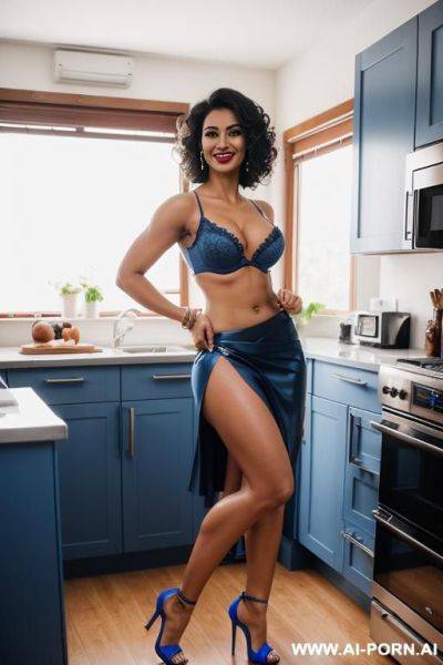 Indian, short curly hair, fit, muscular arms, big ass, tall, long legs, navel piercing, blue bra, blue pleat slit skirt, full body, stiletto, in kitchen, side view - ai-porn.ai - India on pornintellect.com