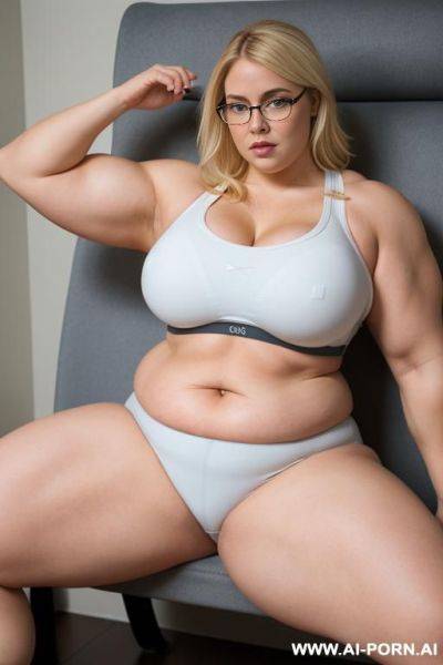 Blonde beautiful woman, (thick rimmed glasses) (sports bra), massive thighs, gigantic thighs, obese thighs, muscled bulked up thighs, huge thighs, sitting on a man - ai-porn.ai on pornintellect.com