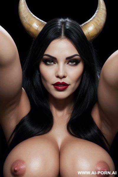 Hot sexy bimbo demon, black ram horns, grey skin, magic mesmerizing seductive eyes, perfect body, perfect boobs, big lips, plump lips, oversized lips, black fur, close from bottom view, ((looking down)), ((smirking)) - ai-porn.ai on pornintellect.com