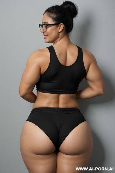 Bodybuilder, wide hips, fat ass, laughing, wearing peruvian soccer team shirt, glasses, too sexual, view from behind - ai-porn.ai - Peru on pornintellect.com