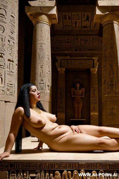 An ancient egyptian chubby naked female temple servant with shaved vagina is lying with spreaded legs on a table in the temple - ai-porn.ai - Egypt on pornintellect.com