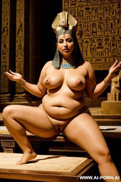 An ancient egyptian chubby naked female temple servant with shaved vagina is spreading her legs on a table in the temple - ai-porn.ai - Egypt on pornintellect.com