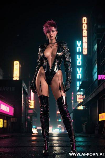 Cyberpunk, neon city, blade runner, street at night. woman wearing shiny black boots. - ai-porn.ai on pornintellect.com