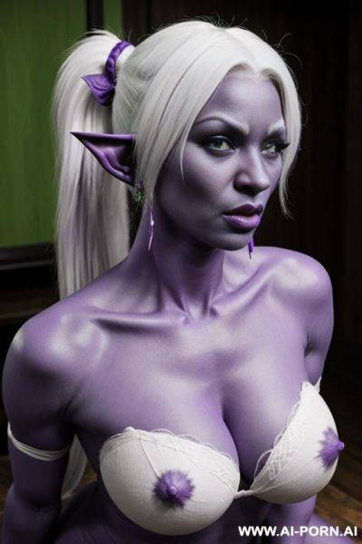Green troll cock, purple skin, drow, elf ears, massive tits, white hair, ponytail, kneeling, cock in throat - ai-porn.ai on pornintellect.com