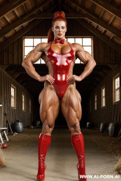 Ponywoman, latex, tall, bowtie, extremely muscular legs, femi, beautifull face, muscular arms, muscular traps and shoulders, giant woman, sturdy, big boned, red lipstick - ai-porn.ai on pornintellect.com