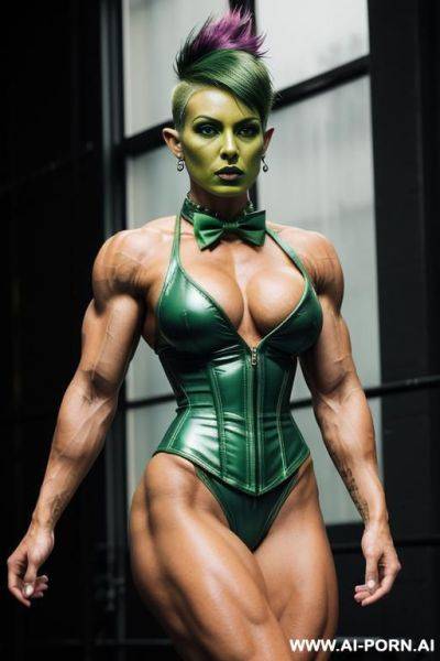 Green skin colour, green face, green body, muscular female, ufo, beautifull face, dark-green lipstick, elf, ufo, bow tie, ufo green skin, ufo sexy green skin space ufo elf, beautifull face, bow tie, latex corset - ai-porn.ai on pornintellect.com