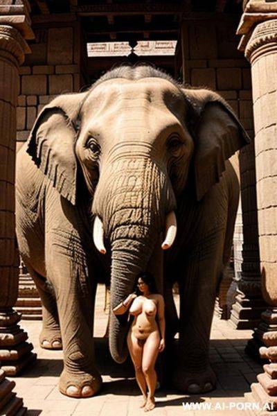 Ancient indian elephant is bearing with his trunk a full naked chubby female indian temple servant with shaved vagina - ai-porn.ai - India on pornintellect.com