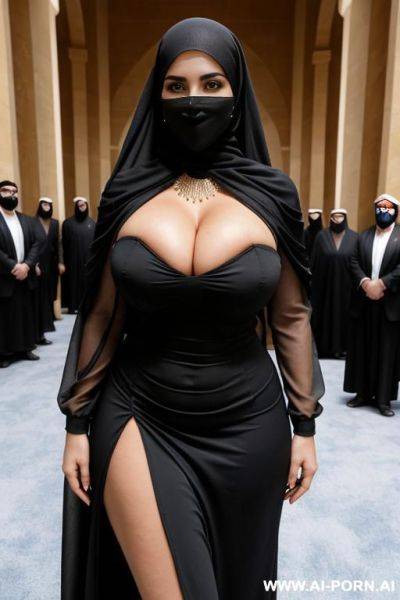 Niqab, burqa, gigantic boobs, surrounded by old men in suits, earrings, neckless, big boobs in tight dress, squeeze boobs, huge cleavage, festival - ai-porn.ai on pornintellect.com