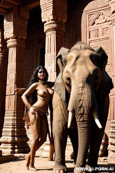 Ancient indian female priestess is riding on an elephant, wich is bearing with his trunk a full naked chubby female indian temple servant with shaved vagina - ai-porn.ai - India on pornintellect.com