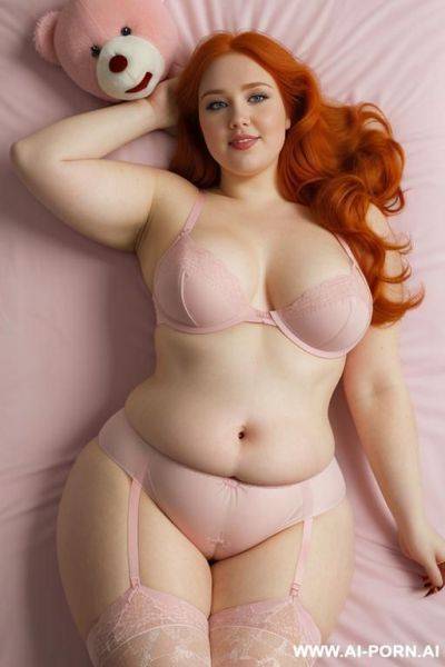 Half-length photo, ((half body photo shot close up)). ((((lying in bed in the middle of two big pink plushie bears)))), a ((((very obese british with lovehandless and tummy redhead bbw)))). she - ai-porn.ai - Britain on pornintellect.com