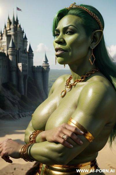 (((realistic look, ultra-realistic))) (((seductive orc queen))) (((full green skin))) (((full green painted skin))) (((big green ass))) full body view ((perfect beautiful face)) ((sexy beautiful plump - ai-porn.ai on pornintellect.com