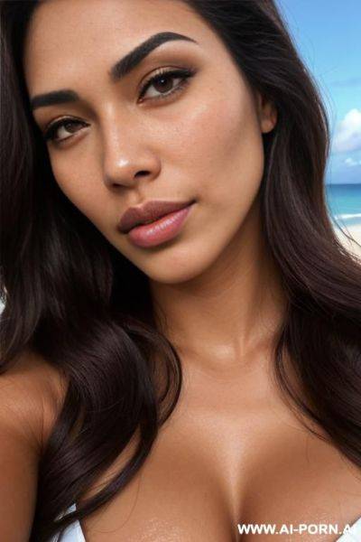 Heavily tanned skin, perfect body, hot face, perfect face, bimbo, influencer, bending over, facing viewer, plump lips, swollen lips, oversized lips, large lips, sleepy eyes, extreme voluminous long wavy darkest brown hair, confident smirk - ai-porn.ai on pornintellect.com