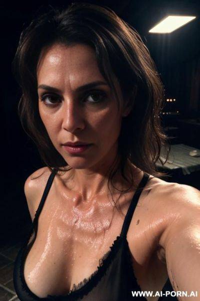 Drunk, soaking in sweat, eye contact, selfie close-up, lacerated blouse, mature, disheveled tousled hair, in a t, dark lighting, long erect nipples, exhausted, caucasian, - ai-porn.ai on pornintellect.com