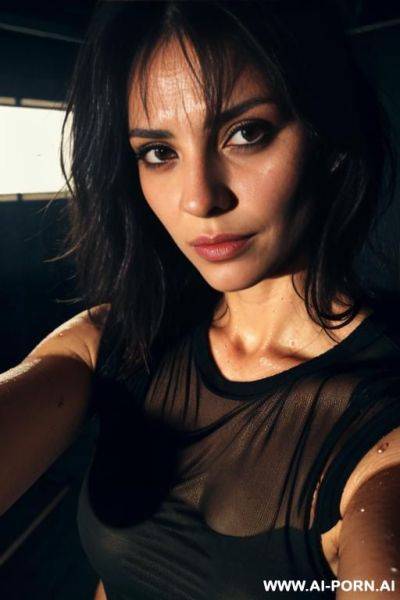 Drunk, soaking in sweat, eye contact, selfie close-up, lacerated clothes, mature, disheveled tousled hair, in a t, dark lighting, - ai-porn.ai on pornintellect.com