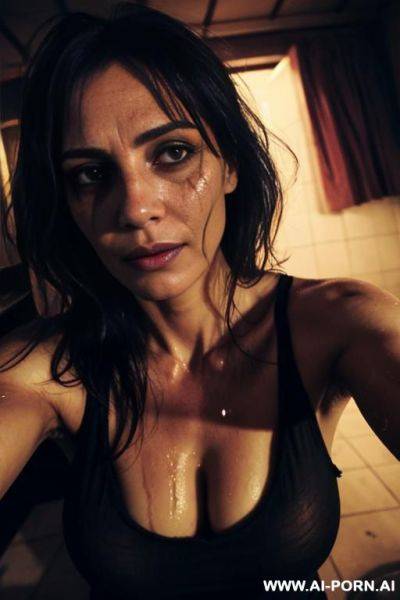 Drunk, soaking in sweat, eye contact, selfie close-up, lacerated clothes, mature, disheveled tousled hair, in a t, dark lighting, long erect nipples, exhausted, - ai-porn.ai on pornintellect.com