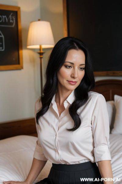 A highly detailed dslr photograph of beautiful dark-haired chesty naked 20-year-old woman lying on a bed, sleeping peacefully. she has long, flowing dark hair, opened bright eyes, soft facial - ai-porn.ai on pornintellect.com