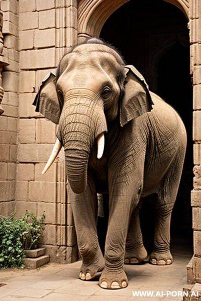 Ancient indian elephant is carrying with his trunk a chubby naked indian temple servant - ai-porn.ai - India on pornintellect.com