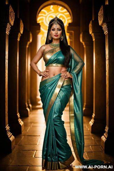A mystical indian serpent goddess standing in an ancient temple surrounded by glowing blue fire. her upper body is that of a graceful, mature indian woman with long flowing black hair, rned - ai-porn.ai - India on pornintellect.com