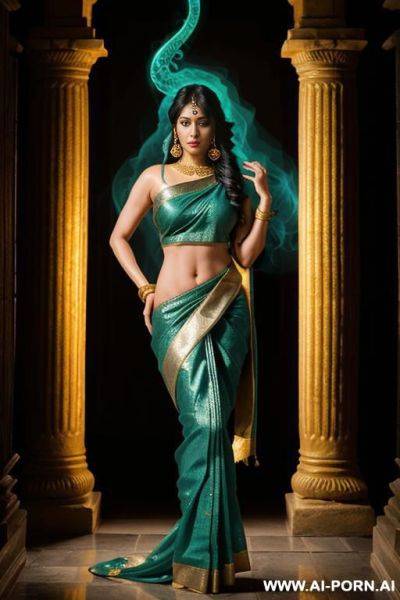 A mystical indian serpent standing in an ancient temple surrounded by glowing blue fire. her upper body is that of a graceful, mature indian woman with long flowing black hair, rned in golden - ai-porn.ai - India on pornintellect.com