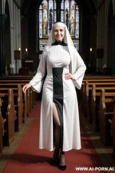 Nun, , breasts, lifts the hem of her dress, shaved pussy. - ai-porn.ai on pornintellect.com