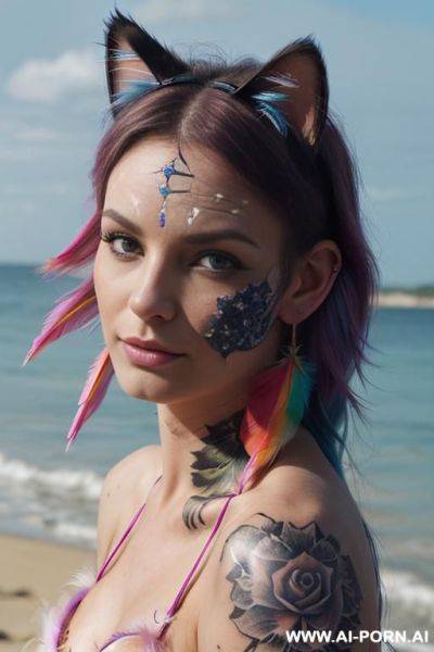 Face, sexy, beautiful, ((face painting)), ((bikini as seashell)), ((tattoo roses)), ((eyes shw)), ((angel wings)), ((rainbow hair)), ((sexy expression)), ((long bu hair)), ((wind)), (( cat face)), (( cat - ai-porn.ai - Australia on pornintellect.com