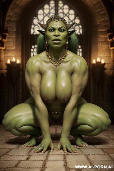 (((realistic look, ultra-realistic))) (((seductive orc queen))) (((full green skin))) (((full green painted skin))) (((big green ass))) full body view ((perfect beautiful face)) ((sexy beautiful plump - ai-porn.ai on pornintellect.com