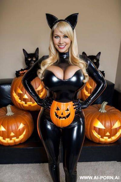 Milf neighbor, enormous gigantic oversized heavy round boobs, full body view, (keep face), (keep body), at a halloween party, halloween decor, - ai-porn.ai on pornintellect.com