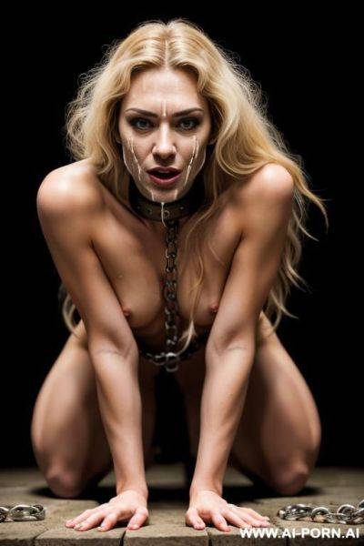 Handcups, dungeon priman, medieval princess bound with chains from the wall, in a dungeon, naked, cumshot on her face, tied from handcups, tiara on her head, ((cum on face)), (((the whole body is full of cum))), big didlo in her ass, sucking dig - ai-porn.ai on pornintellect.com