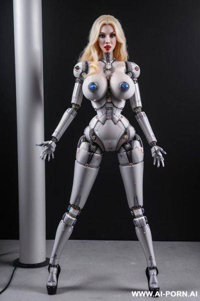 Damaged robot, front view, full body view, leaning back against wall, looking at viewer, angry face, open mouth, shouting, beautiful, long straight blonde hair, big lips, heavy makeup, silicone - ai-porn.ai on pornintellect.com