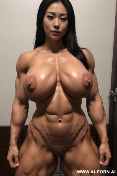 Extremely hyper muscular, extremely hyper muscular pecs, extremely gigantic tits, extremely hyper muscular abs, 1, full body shot, nude, extreme flexing, muscular pussy - ai-porn.ai on pornintellect.com