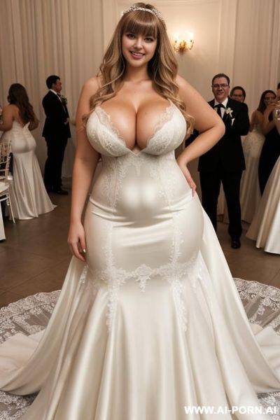 Tall, enormous, 20 year old, smiling, ((massive breasts)), long wavy blonde hair with bangs, at a wedding reception, wearing a wedding dress showing cleavage - ai-porn.ai on pornintellect.com