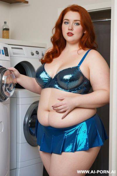 Half-length photo, ((half body photo shot close up)). as a set in the laundry area, a (((very obese))) fat chubby fat thick and bbw redhead british, ((she is washing clothes)). she has - ai-porn.ai - Britain on pornintellect.com