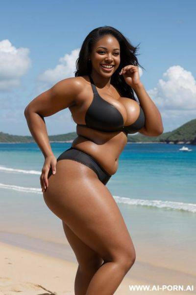 Light skinned black, 20 year old, athlete, ((massive fat ass)), smiling, long legs, big eyes, standing on a beach wearing a thong and sports bra showing cleavage - ai-porn.ai on pornintellect.com