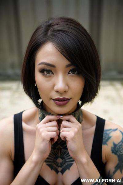 A naked dark-skinned muscular woman with short white hair, sprayed with white liquid in a collar, lies in tears with a lost look in full growth, being watched, black lipstick, toples, the - ai-porn.ai on pornintellect.com