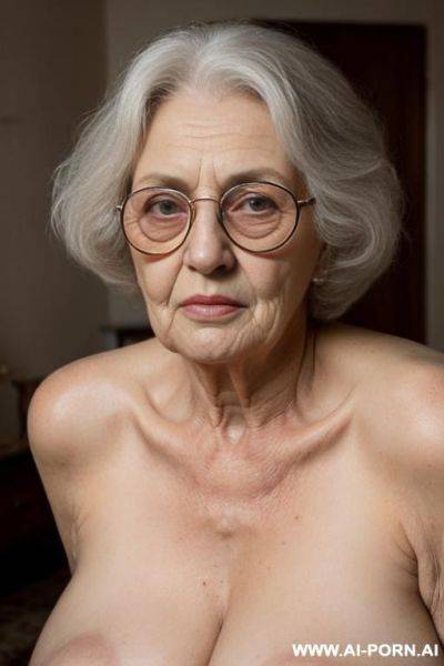 Old granny (very old grandma)) ((a hundred-year-old grandmother)) (((extremely old granny))) ((so old granny as possible)) (body and skin condition correspond to a very advanced age), granny (very droopy boobs) angry - ai-porn.ai on pornintellect.com