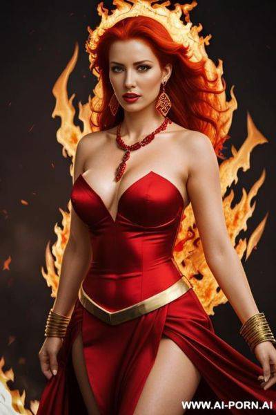 Goddess of fire, red hair, strapless red dress, ruby necklace, ruby earrings, gold shoulder armor, gold bracelets, fiery wings - ai-porn.ai on pornintellect.com