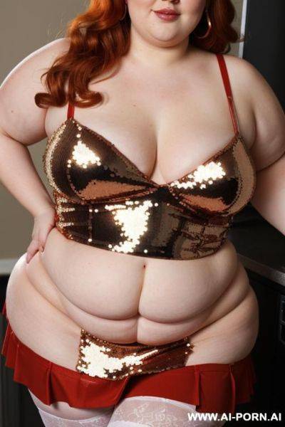 Half-length photo, ((half body photo shot close up)). as a set in the laundry area, a (((very obese))) fat chubby fat thick and bbw redhead british, ((she is organizing the clothes)). she has - ai-porn.ai - Britain on pornintellect.com