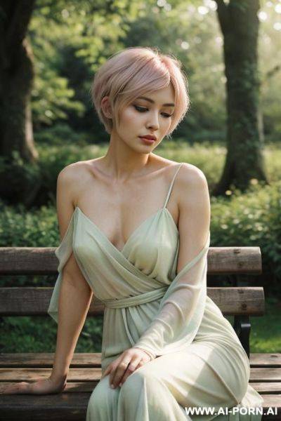 A tender and intimate portrait of a woman sitting quietly on a wooden bench in a serene city park during golden hour. she is wrapped in a soft, lightly draped fabric that gently covers - ai-porn.ai on pornintellect.com
