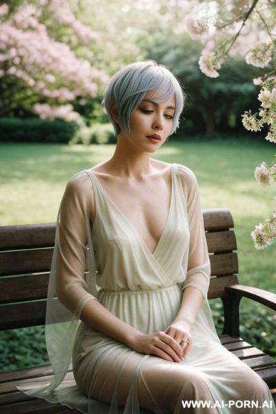 A der and intimate portrait of a woman sitting quietly on a wooden bench in a serene city park during golden hour. she is wrapped in a very transparent covers her, with natural sunlight - ai-porn.ai on pornintellect.com