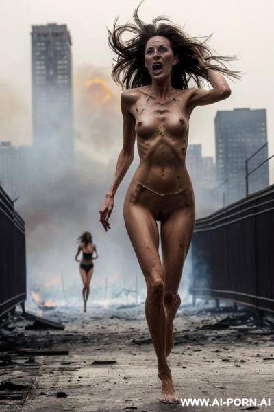 Two women, milf, beautiful long slender legs, running fast, completely naked, against the backdrop of a burning city, a terrible scream on their faces - ai-porn.ai on pornintellect.com