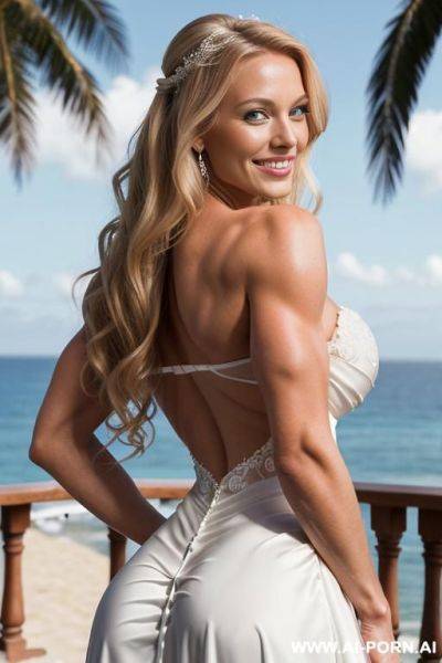 Svelte fitness model, (((gigantic round breasts:1.2))), firm nipples, beach resort, transparent summer dress, very long light blonde hair, grin, twenty year old bodybuilder, thick, giant round breasts, - ai-porn.ai on pornintellect.com