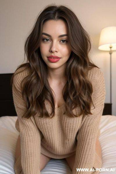 Light brown wavy hair, oversized sweater, no panties, bedroom, on bed, eye contact, ((plump lips)), ((full lips)), ((big lips)), ((oversized lips)), lean body, horny, influencer, cutie - ai-porn.ai on pornintellect.com